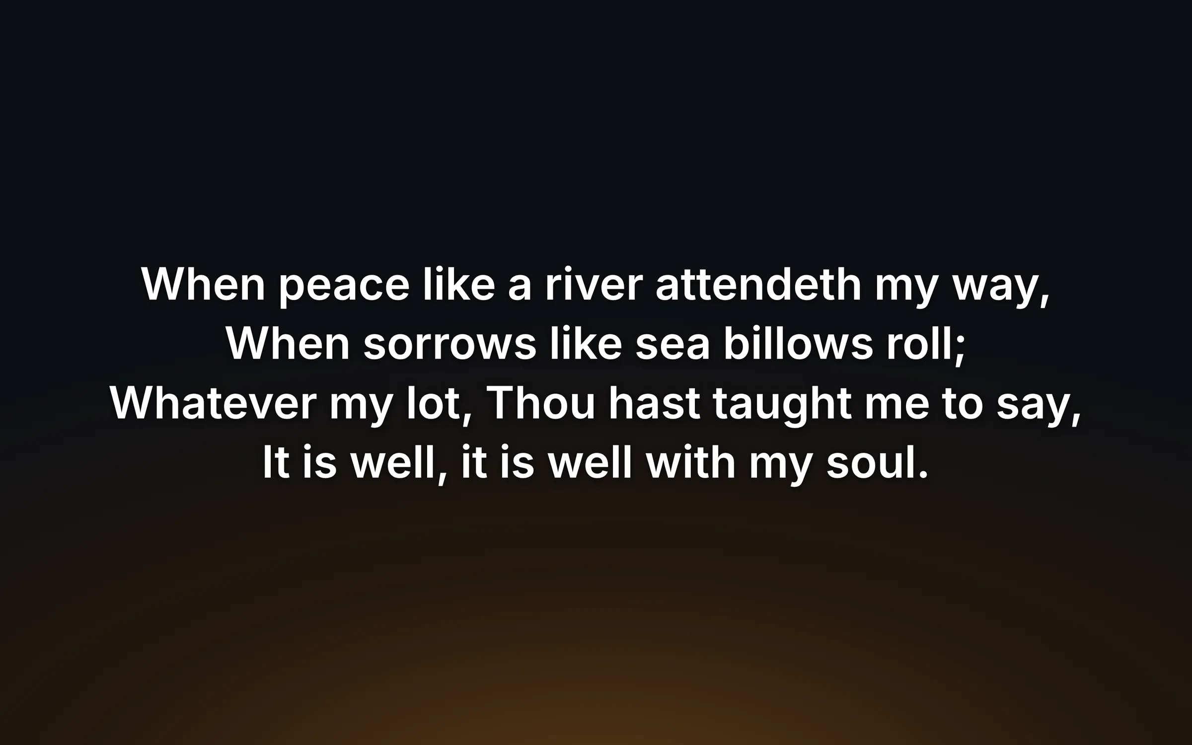 In the room: verse one of It Is Well With My Soul fills the projector in large white type over a warm amber glow.