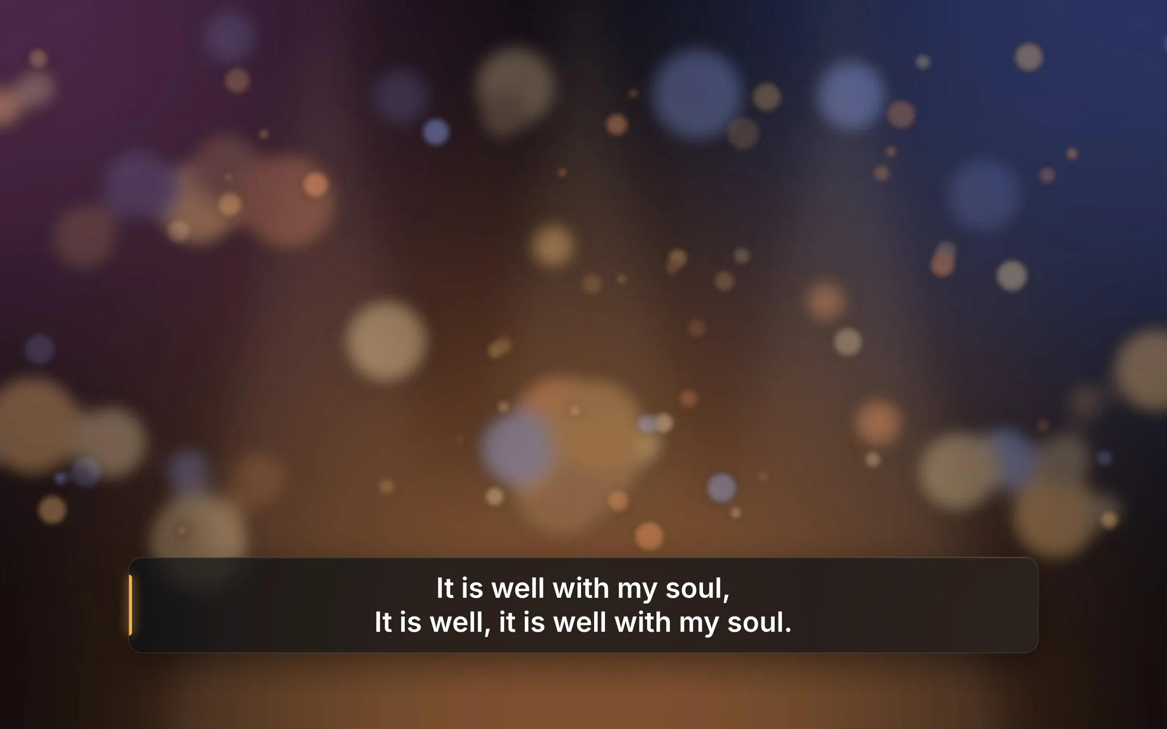 At home: the chorus It is well with my soul as a slim glass lower third over the camera shot of the sanctuary.