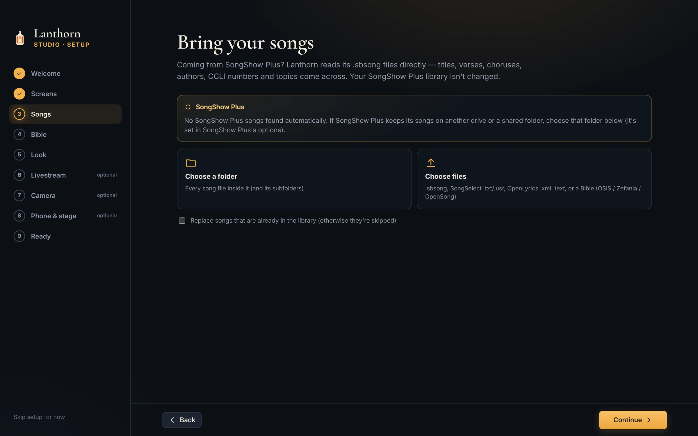The wizard’s Bring your songs step: a SongShow Plus panel, and buttons to choose a folder or choose files including SongSelect, OpenLyrics and Bible files.