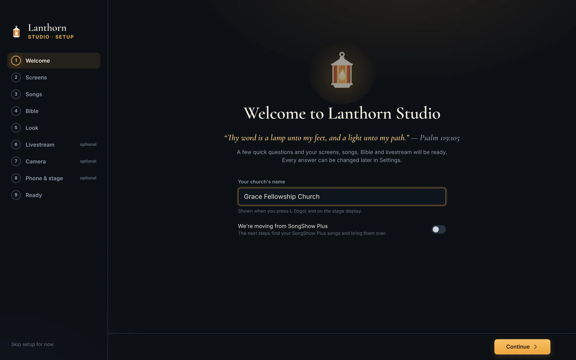 The setup wizard welcome page: a glowing lantern, Welcome to Lanthorn Studio, Psalm 119:105 in italics, a field for the church’s name and a switch for We’re moving from SongShow Plus. Nine steps are listed on the left.